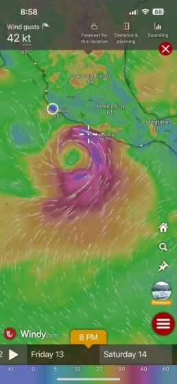 Kaliyah underway from Barra de Navidad to Marina Riviera Nayarit About 137nm (24hrs). true winds from 10 to 15 knots on our nose. Bashing and getting salty! Running away the spinning storm behind us.